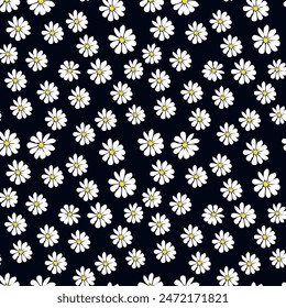 Seamless pattern with white daisy flowers on  black background, Hand-drawn monochrome daisy flowers pattern.botanical elements, Ink drawings of wildflowers,natural illustration 
vector background.eps 