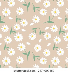 Seamless pattern with white daisy flowers with leaves  on colors background, Hand-drawn monochrome daisy floral pattern.botanical elements.