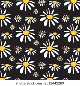 Padrão contínuo com flores brancas margaridas no fundo preto, desenhado à mão deisy botânica floral pattern.botany elementos.