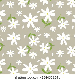 Seamless pattern with white daisy flowers with leaves on colors background, Hand-drawn monochrome daisy floral pattern.botanical elements.