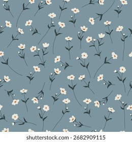 Seamless pattern with white daisy flowers on blue background. Vector illustration with flowers and leaves.