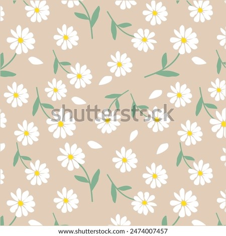 Seamless pattern with white daisy flowers with leaves  on colors background, Hand-drawn monochrome daisy floral pattern.botanical elements.