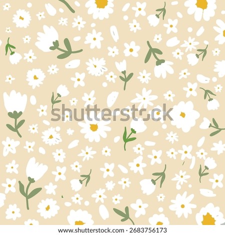 Seamless pattern with white daisy flowers with leaves on colors background, Hand-drawn botany monochrome daisy floral pattern.botanical elements.