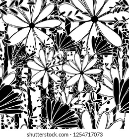 Seamless pattern white Daisy wildflower Abstract black adn white duotone graphic