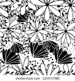 Seamless pattern white Daisy wildflower Abstract black adn white duotone graphic