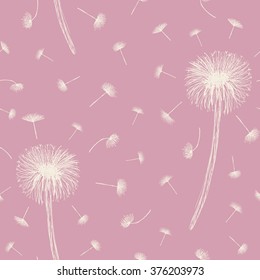 Seamless pattern with white dandelions. Pink background.