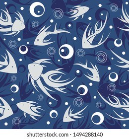 Seamless pattern. White and dark blue fish and bubbles on blue backround. Vector illustration.