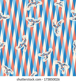 seamless pattern of white, dark blue, red triangles on a white background. with the clown hats