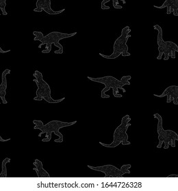 Seamless pattern with white dino on black background. Print for t-shirts, textiles, wrapping paper and mor. Original design with t-rex, dinosaur. Grunge design for boys.