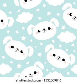 Seamless Pattern. White dog face. Cloud star in the sky. Cute cartoon kawaii funny smiling baby character. Wrapping paper, textile template. Nursery decoration. Blue background. Flat design. Vector