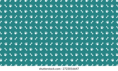 Seamless pattern with white dog paw prints and bones on a teal green background. Minimalist animal footprint vector for pet-themed fabric, veterinary branding, and wallpaper