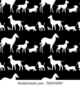 Seamless pattern with white dogs silhouettes - Dachshund, mastiff, chihuahua, scotchterrier, poodle on black background. Animal design.