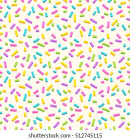 Seamless pattern of white donut glaze with many decorative sprinkles. Easy to change colors. Pattern design for banner, poster, flyer, card, postcard, cover, brochure.