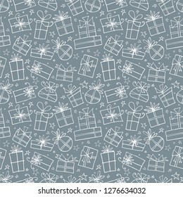 Seamless pattern with white doodle gift boxes on grey background. Can be used for wallpaper, pattern fills, textile, web page background, surface textures