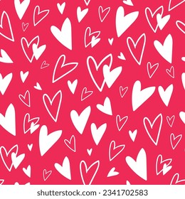 Patrón sin foco con corazones de doodle blancos sobre fondo rojo. Para el papel de envoltura del Día de San Valentín, textil y decoración. Ilustración vectorial dibujada por mano