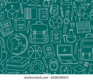 Seamless pattern, white doodle outline illustrations of school supplies, dark green background. Globe, backpack, book, watch, pencil, laptop, ball, palette.