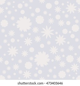 Seamless pattern with white dot, stars, snowflake, flower on gray background. Winter pastel background. Vector illustration.