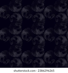 Seamless pattern of white dotted several swirling flows of ringlets, repeating. Dark blue night isolated background. For an unobtrusive background, substrate. Vector.