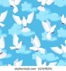 Seamless pattern with white doves. Beautiful pigeons faith and love symbol.