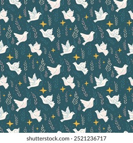 Seamless pattern of white doves in flight, accompanied by stars and botanical elements on a teal background, perfect for fabric, wrapping paper, and holiday designs. Vector illustration.