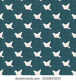 Seamless pattern with white doves holding olive branches on a dark checked background. Surface pattern design night birds motif. Vector hand drawn illustration.