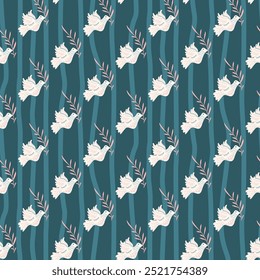 Seamless pattern with white doves holding olive branches on a dark teal background. Surface pattern design birds motif. Vector hand drawn illustration.