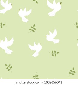 Seamless pattern with white doves on a green background. For decorating textiles, packaging and wallpaper. Vector illustration.