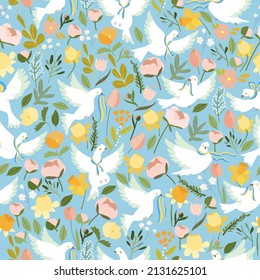 Seamless Pattern with White Doves of Peace and Flowers on Blue Background