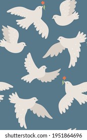 Seamless pattern with white doves. Vector graphics.