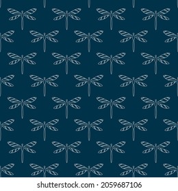 Patrón sin foco con libélulas blancas. Diseño para tela y papel, texturas superficiales.
