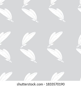 Seamless pattern with white dragonflies on light grey background. Vector EPS 10. Hand drawing.