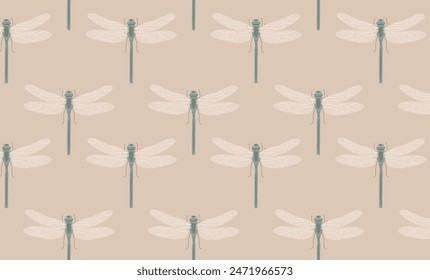  Seamless pattern with white dragonflies on a beige background. Nature and insect theme for design and print.