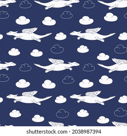 Seamless pattern with white dragons, dinosaurs and clouds for children. Hand drawn vector illustration for a nursery. Print on a blue background.