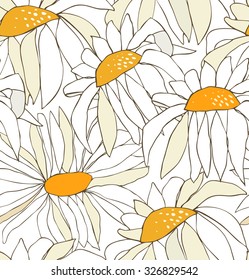 Seamless pattern with white drawn flowers. Background with chamomiles. Nature endless texture