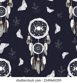 Seamless pattern with white dreamcatcher with feathers, moon moth and herbs. Ethnic design, mystic tribal symbol. 