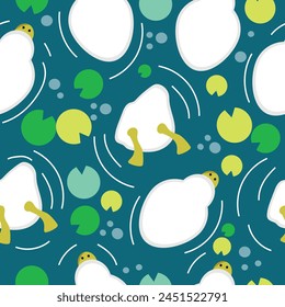 seamless pattern with white ducklings swimming on the river among water lilies, for packaging, banners or textiles