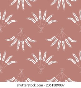 Seamless pattern, white ear of wheat on an ash pink background, vector illustration for textiles