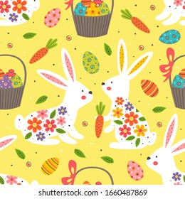 seamless pattern with white easter bunny on yellow background - vector illustration, eps    