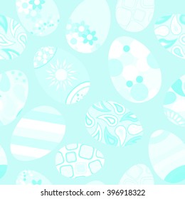 Seamless pattern of white Easter eggs with various ornaments on light blue background
