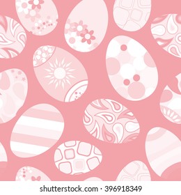 Seamless pattern of white Easter eggs with various ornaments on red background