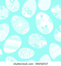 Seamless pattern of white Easter eggs with various ornaments on light blue background