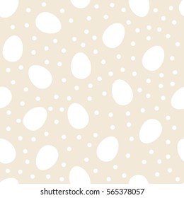 Seamless pattern with white Easter eggs and polka dots or confetti on beige background. Vector illustration.