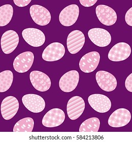 Seamless pattern with white Easter eggs and polka dots or confetti on white background. Vector illustration. spring repeatable motif for fabric, wrapping paper,  cards