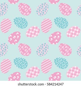 Seamless pattern with white Easter eggs and polka dots or confetti on white background. Vector illustration. spring repeatable motif for fabric, wrapping paper,  cards