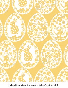 Seamless pattern with white Easter eggs.Easter seamless pattern with rabbit, chamomile, eggs, leaves on yellow background.