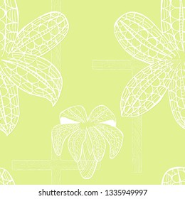Seamless Pattern with White Easter Lily and Wooden Cross on the Yellow-Green Background. Hand Drawn Lilies made in Zentangle Doodle Style. Seamless pattern for Easter Holiday and Christian Ceremony.