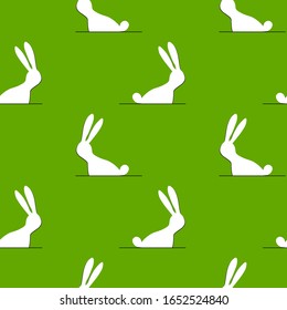 Seamless pattern with white Easter rabbit on green background. Happy Easter icon. Template design for invitation, poster, card. Vector illustration. Doodle style. Holiday spring logo.