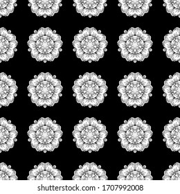 Seamless pattern with white elements, curls and ornaments on a black background. Vector oriental style arabesques.