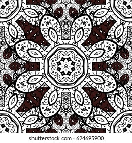Seamless pattern white elements. Vector illustration. Floral classic texture. Design vintage for card, wallpaper, wrapping, textile. Royal retro on brown background. White template.