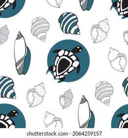 seamless pattern white emerald circles, black and white sea turtle, gray sea shells classic vector